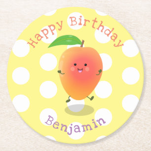 Niedliche Happy Mango Gelb Cartoon Illustration Runder Pappuntersetzer