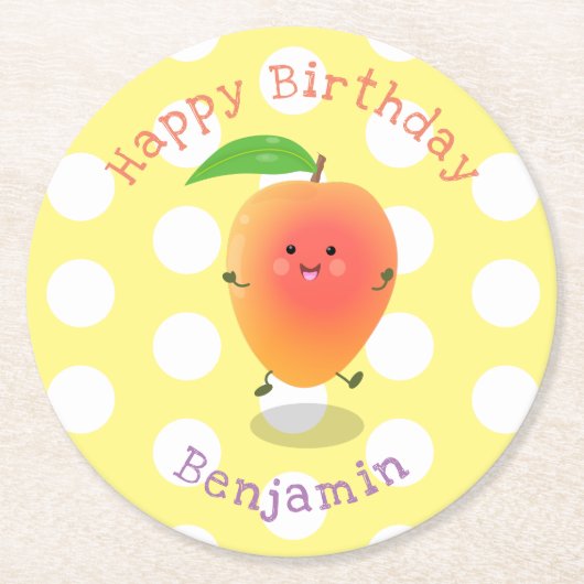 Niedliche Happy Mango Gelb Cartoon Illustration Runder Pappuntersetzer (Vorderseite)