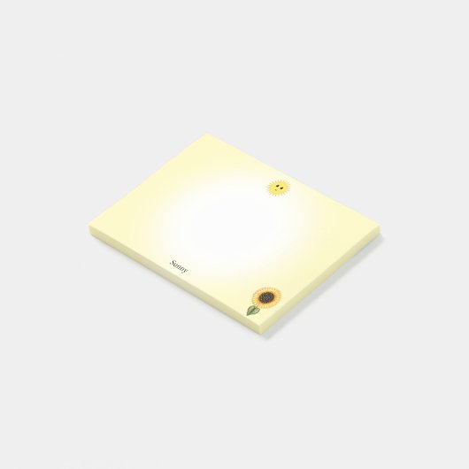 Niedliche Happy Sun und Sonnenblumen im gelben Hin Post-it Klebezettel (angewinkelt)