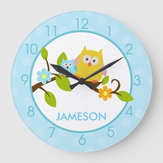 Niedliche Happy Tree Owls Round Wall Clock (blau) Große Wanduhr (Vorderseite)