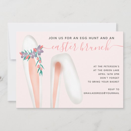 Niedliche Hasen-Ohren Rosa Brunch Ei Jagd Ostern Einladung (Vorderseite)