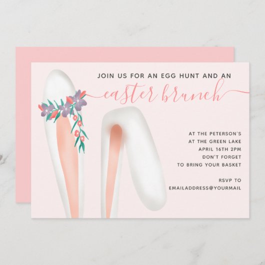 Niedliche Hasen-Ohren Rosa Brunch Ei Jagd Ostern Einladung (Vorne/Hinten)