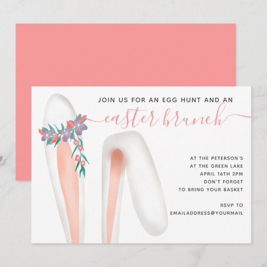 Niedliche Hasen Ohrkorallenbrunch Eizeljagd Ostern Einladung (Vorne/Hinten)