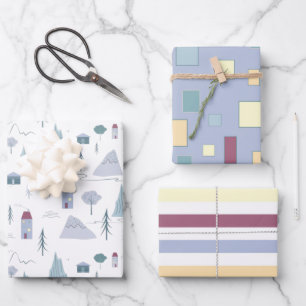 Niedliche Häuser Bäume Gebirge Modernes Muster Geschenkpapier Set