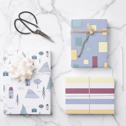 Niedliche Häuser Bäume Gebirge Modernes Muster Geschenkpapier Set (Vorderseite)