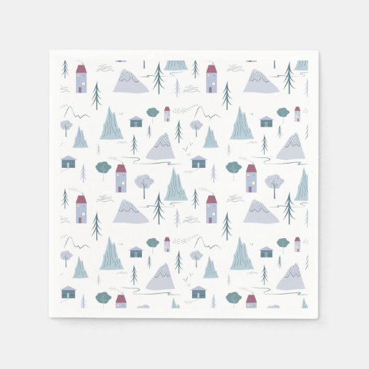 Niedliche Häuser Bäume Gebirge Modernes Muster Serviette (Vorderseite)