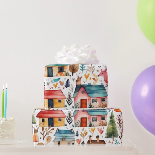 Niedliche Häuser Blume Tiere Umschlagpapier Geschenkpapier (Partygeschenke)