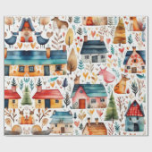Niedliche Häuser Blume Tiere Umschlagpapier Geschenkpapier (Flach)