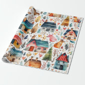 Niedliche Häuser Blume Tiere Umschlagpapier Geschenkpapier (Ungerollt)