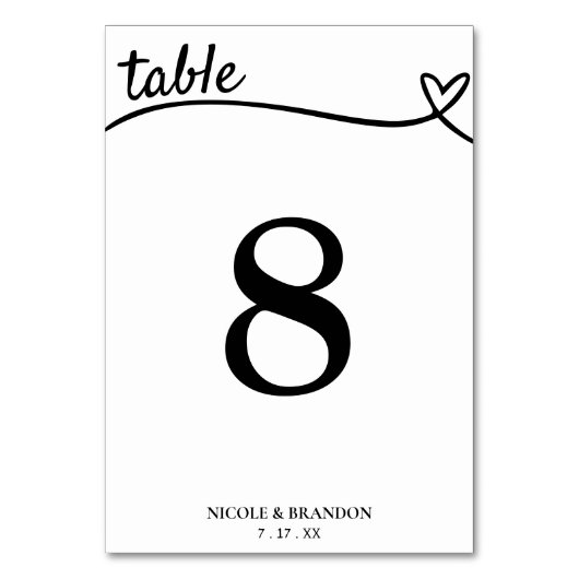 Niedliche Heart Line Hochzeit Weiß und Schwarz Tischnummer (Vorderseite)