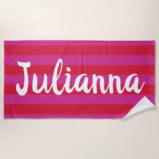 Niedliche, hellrosa rote Streifen Personalisiert Strandtuch (Vorderseite)