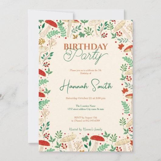 Niedliche Herbstpilze und Blätter Illustration Einladung (Vorderseite)