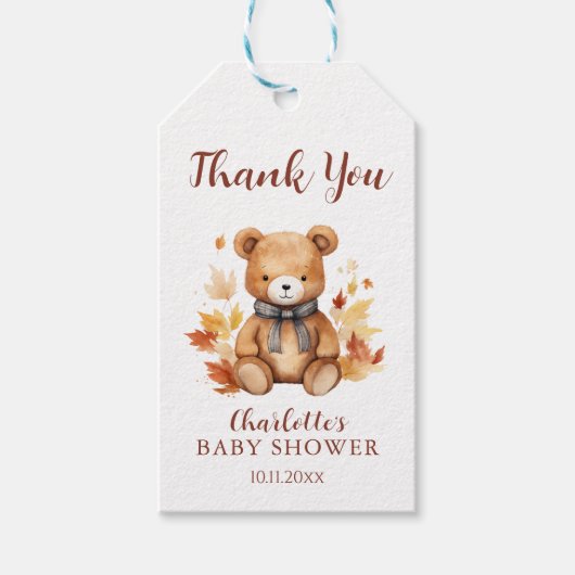 Niedliche Herbstteddy Bear Baby Dusche Danke für I Geschenkanhänger (Vorderseite)