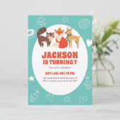 Niedliche Herbsttiere Fox Deer Racoon Kindergeburt Einladung (Stehend Vorderseite)