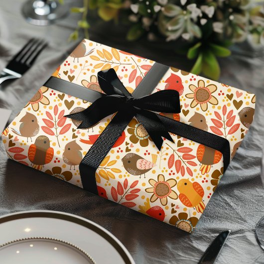 Niedliche Herbstvögel und Blätter Geschenkpapier