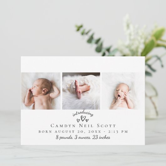 Niedliche Herz-Foto-Streifen-Geburts-Mitteilung Dankeskarte (Stehend Vorderseite)