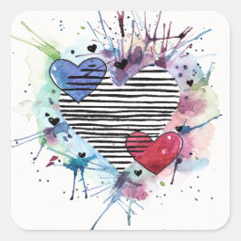 Niedliche Herzen und Waschen in Aquarellen Quadratischer Aufkleber