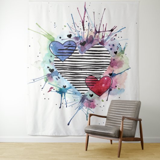 Niedliche Herzen und Waschen in Aquarellen Wandteppich (Beispiel)
