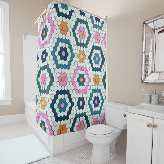 Niedliche Hexagon-Formen Fliesenmuster Retro Aquam Duschvorhang (Beispiel)