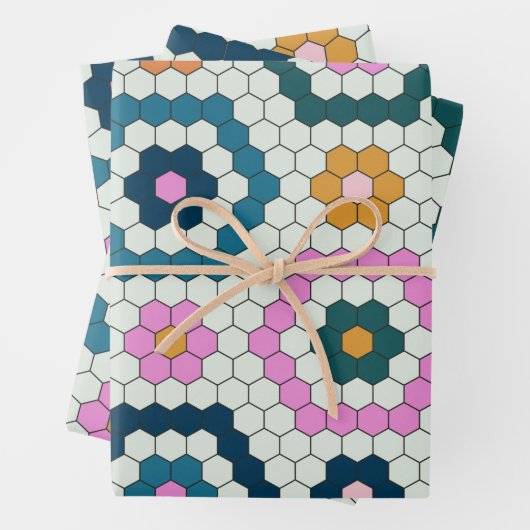 Niedliche Hexagon-Formen Fliesenmuster Retro Aquam Geschenkpapier Set (Beispiel)
