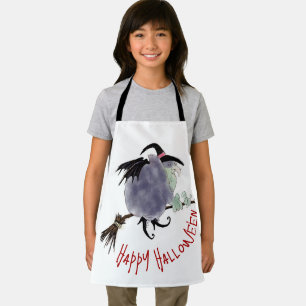 Niedliche Hexe auf ihrem Besenstiel Halloween Kind Schürze