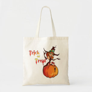 Niedliche Hexe auf Kürbiskreifer Halloween-Taschen Tragetasche