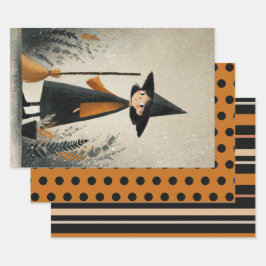 Niedliche Hexe Burnt Orange & Black Halloween Geschenkpapier Set