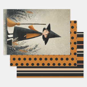 Niedliche Hexe Burnt Orange & Black Halloween Geschenkpapier Set