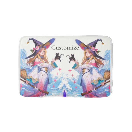 Niedliche Hexe, die die schwarze Katze hält, Thund Badematte (Vorderseite)