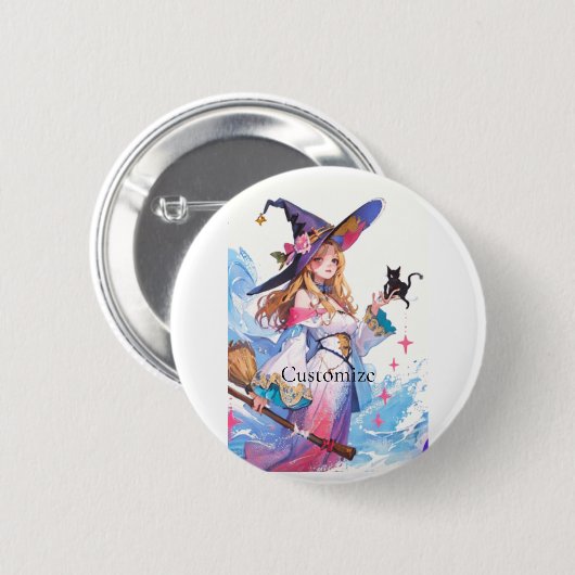 Niedliche Hexe, die die schwarze Katze hält, Thund Button (Vorne & Hinten)