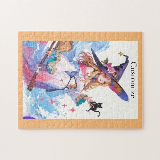 Niedliche Hexe, die die schwarze Katze hält, Thund Puzzle (Horizontal)