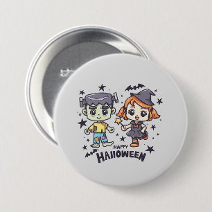 Niedliche Hexe Girl and Mischievous Zombie Boy Button