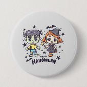 Niedliche Hexe Girl and Mischievous Zombie Boy Button (Vorderseite)