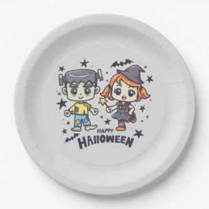 Niedliche Hexe Girl and Mischievous Zombie Boy Pappteller
