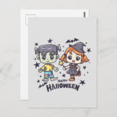 Niedliche Hexe Girl and Mischievous Zombie Boy Postkarte (Vorne/Hinten)