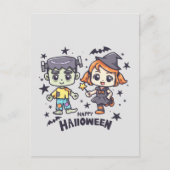 Niedliche Hexe Girl and Mischievous Zombie Boy Postkarte (Vorderseite)