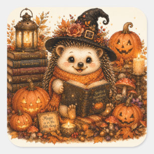 Niedliche Hexe Igel Herbstmagie-Zauber Quadratischer Aufkleber