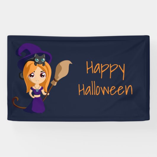 Niedliche Hexe im Lila Happy Halloween Banner (Horizontal)