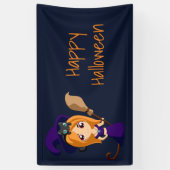 Niedliche Hexe im Lila Happy Halloween Banner (Vertikal)