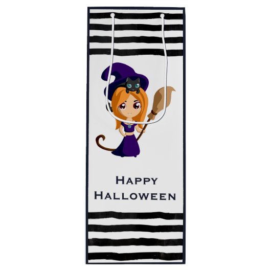 Niedliche Hexe im Lila HutHalloween Geschenktüte Für Weinflaschen (Vorderseite)