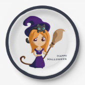 Niedliche Hexe im Lila HutHalloween Pappteller (Vorderseite)