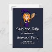 Niedliche Hexe im Lila HutHalloween Save the Date Ankündigungspostkarte (Vorne/Hinten)