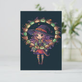 Niedliche Hexe juggnet ein Totenorb Einladung (Stehend Vorderseite)