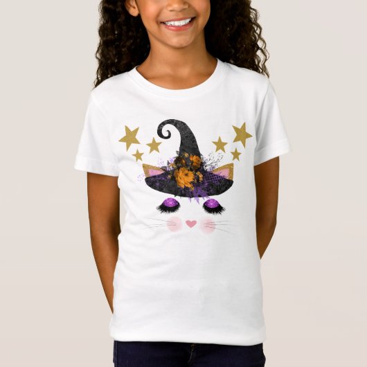 Niedliche Hexe-Kitty-Face Halloween T-Shirt (Vorderseite)