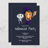 Niedliche Hexe Lila mit Black Cat & Broom Einladung (Vorne/Hinten)