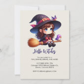 Niedliche Hexe mit 2 Vögeln, Halloween Einladung (Vorderseite)
