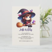 Niedliche Hexe mit 2 Vögeln, Halloween Einladung (Stehend Vorderseite)