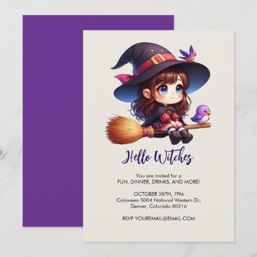 Niedliche Hexe mit 2 Vögeln, Halloween Einladung (Vorne/Hinten)