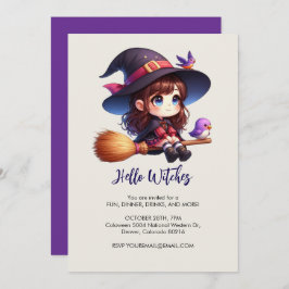 Niedliche Hexe mit 2 Vögeln, Halloween Einladung