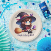 Niedliche Hexe mit 2 Vögeln, Halloween Pappteller (Party)